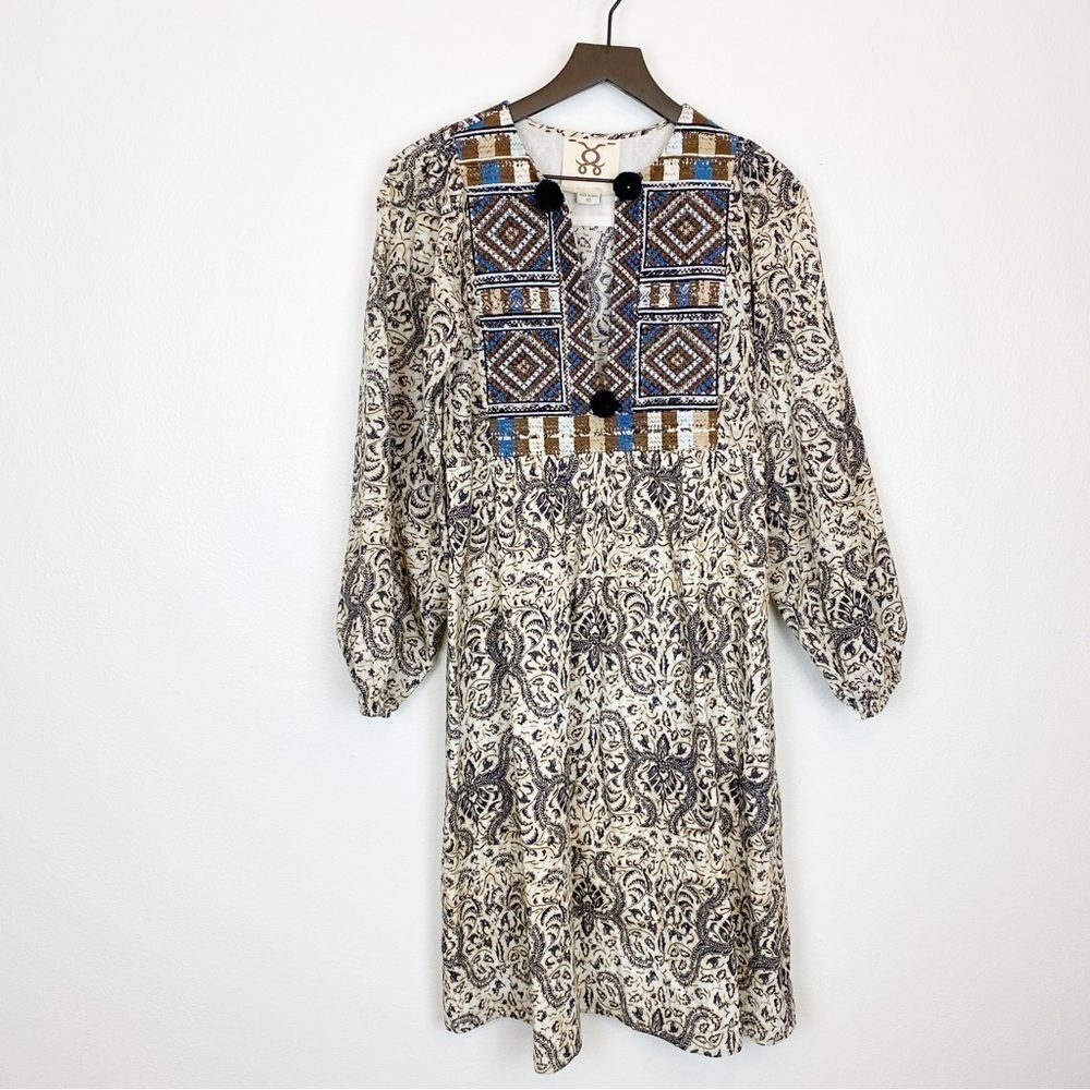 Figue Lucie Cotton Embroidered Boho Dress Istanbul Ivory Blue Pom Poms - Picture 4 of 8